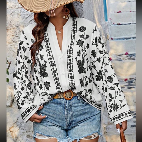 Boho Plus Size Floral Paisley Print Button Down Shirt Top Blouse - Picture 9 of 12